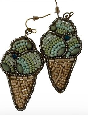 Beaded Ice Cream Cone Drop Earrings - Mint & Beige